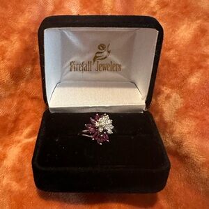 14kt White Gold Diamond and Ruby Cluster Ring | Size 7